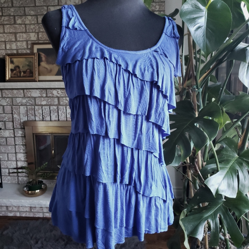 NWOT Seductions Ruffle Blue Tank Top Size L